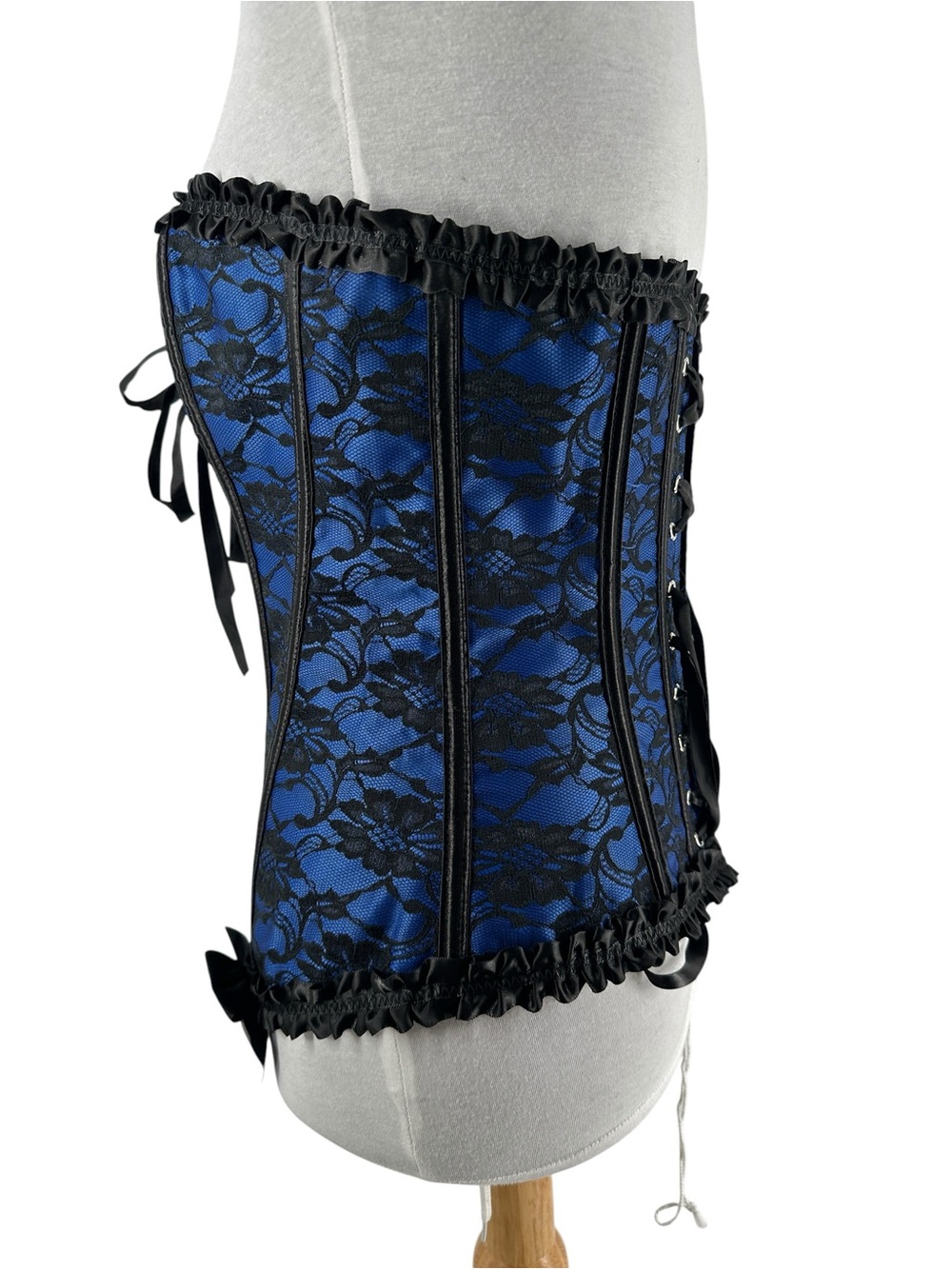 Corset top blue black lace overlay cinched waist trainer boning witchy goth M - Picture 5 of 9